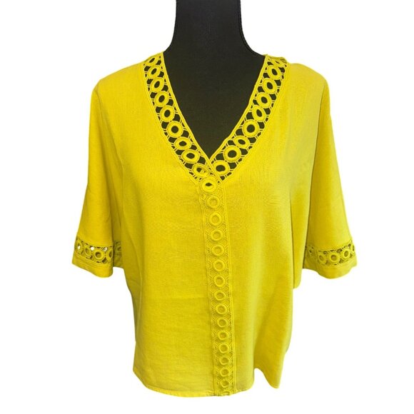 Marc New York Linen Oversized Mustard Yellow Blouse Lace Trim Blouse Artsy Money - Picture 2 of 10